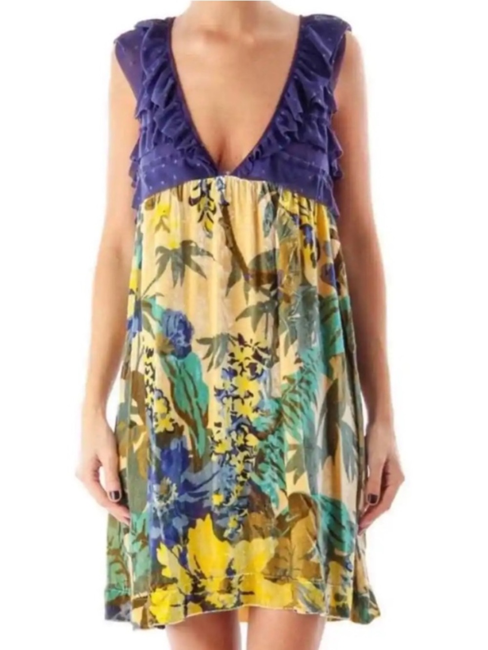 Free People l Floral Velvet Lace Swiss Dot Silk‎ Blend Babydoll Dress Size XS